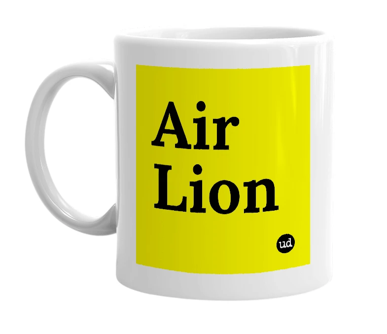 White mug with 'Air Lion' in bold black letters