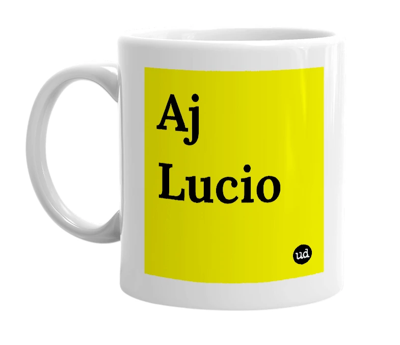 White mug with 'Aj Lucio' in bold black letters