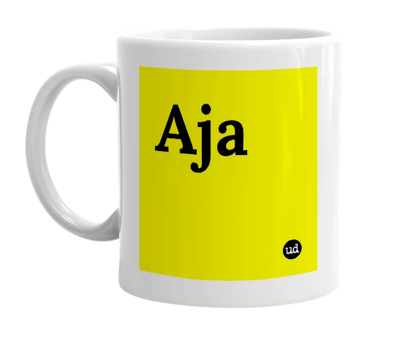 White mug with 'Aja' in bold black letters