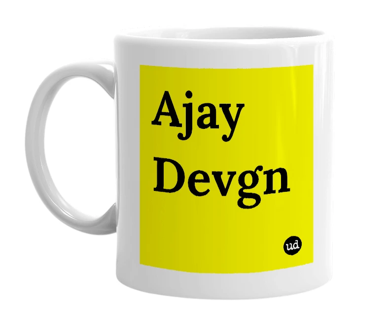 White mug with 'Ajay Devgn' in bold black letters