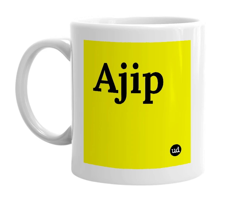 White mug with 'Ajip' in bold black letters