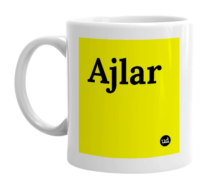 White mug with 'Ajlar' in bold black letters