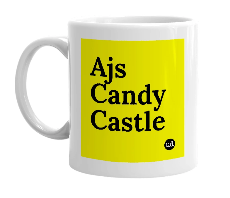 White mug with 'Ajs Candy Castle' in bold black letters