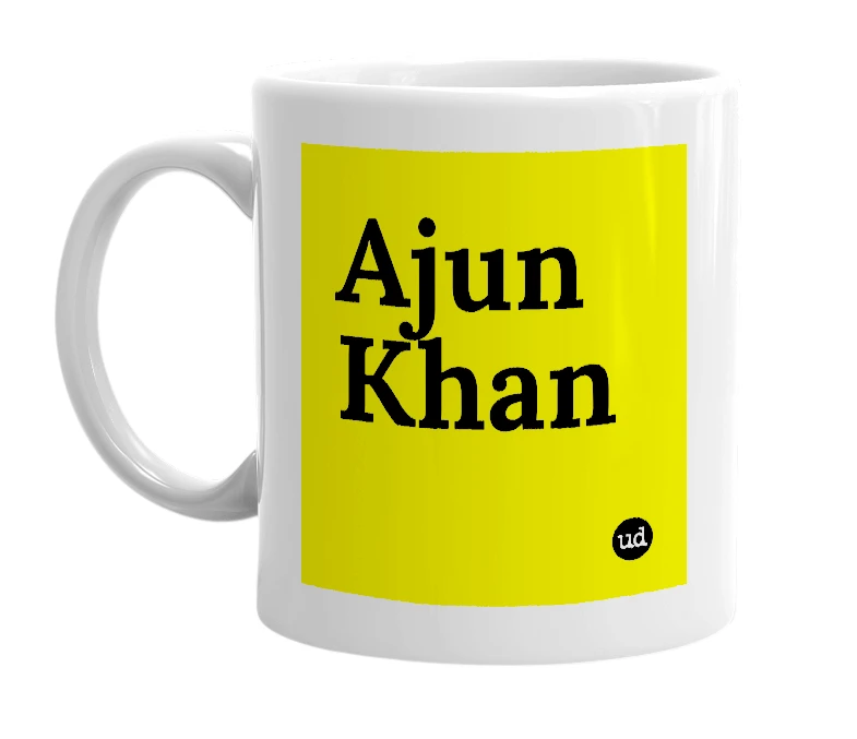 White mug with 'Ajun Khan' in bold black letters