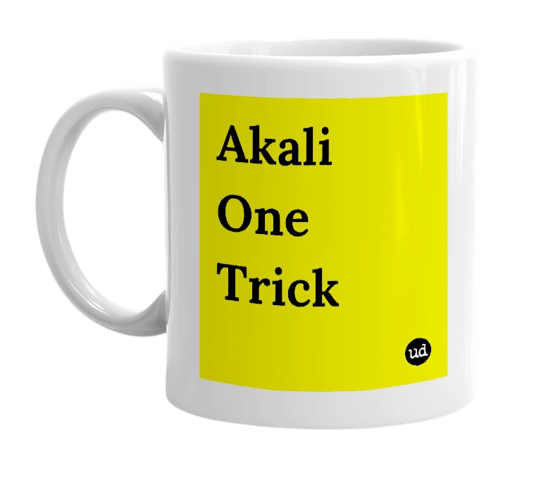 White mug with 'Akali One Trick' in bold black letters
