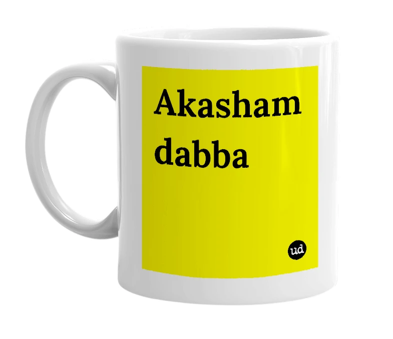 White mug with 'Akasham dabba' in bold black letters