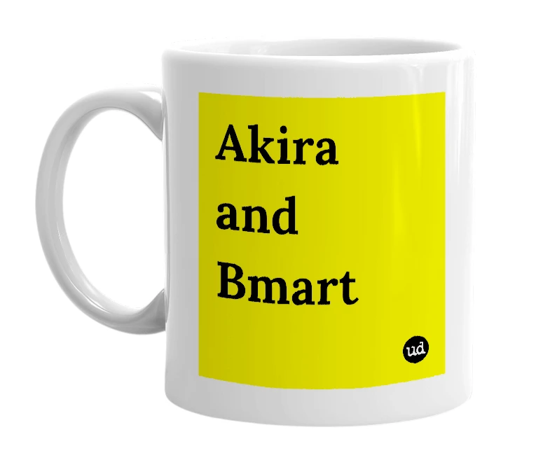 White mug with 'Akira and Bmart' in bold black letters