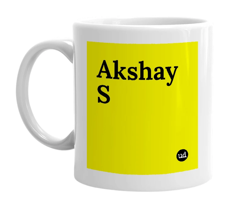 White mug with 'Akshay S' in bold black letters