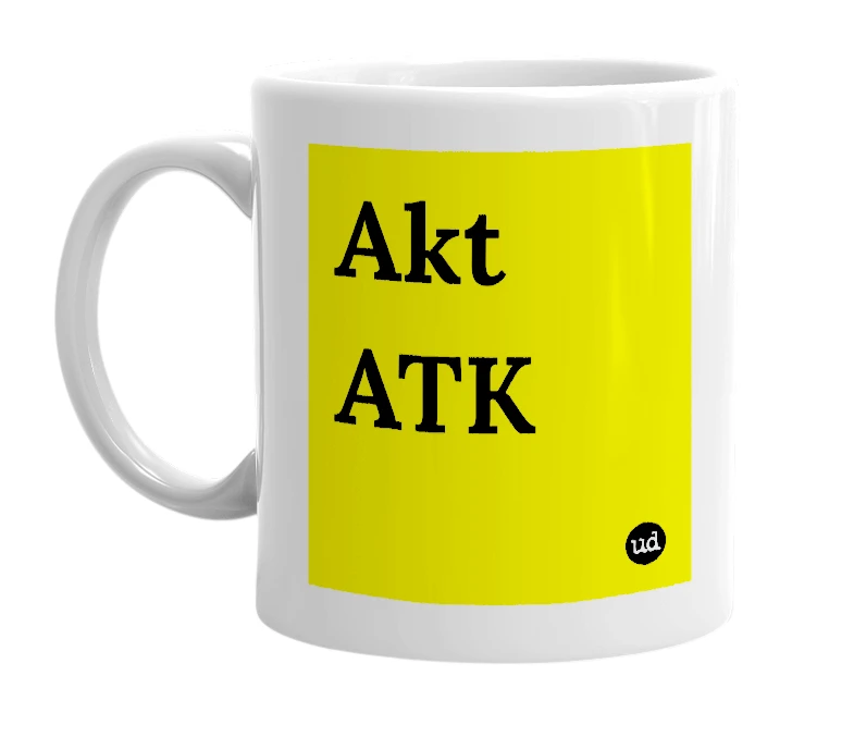 White mug with 'Akt ATK' in bold black letters