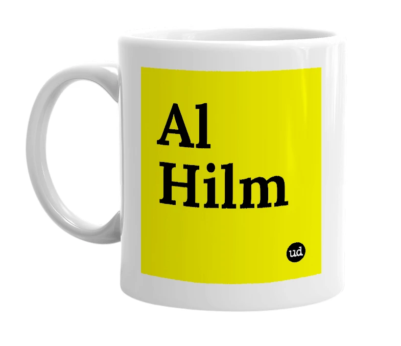 White mug with 'Al Hilm' in bold black letters