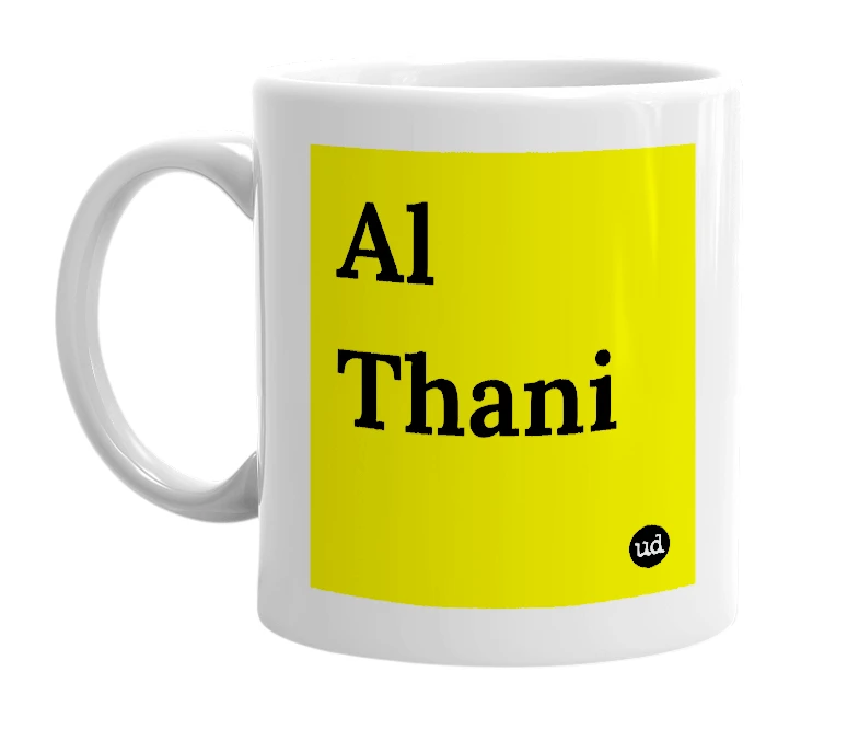 White mug with 'Al Thani' in bold black letters