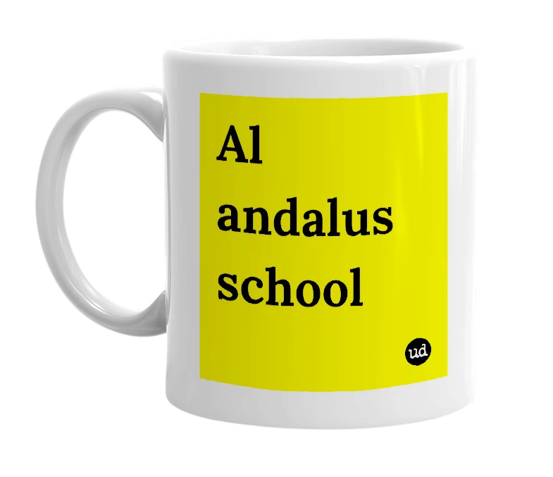 White mug with 'Al andalus school' in bold black letters