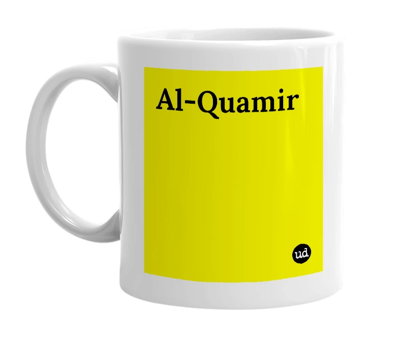 White mug with 'Al-Quamir' in bold black letters