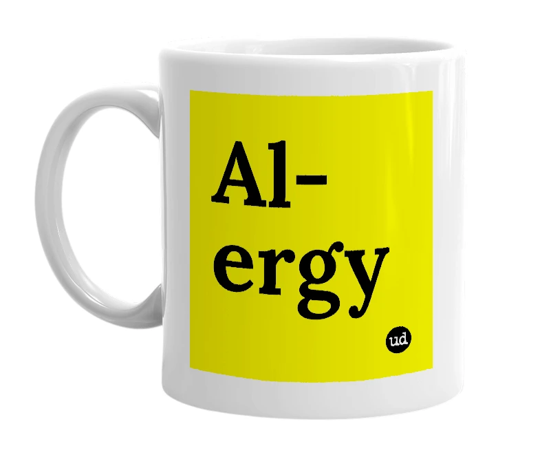 White mug with 'Al-ergy' in bold black letters