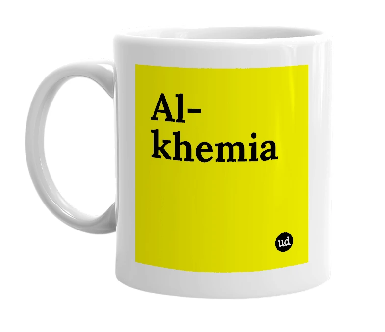 White mug with 'Al-khemia' in bold black letters