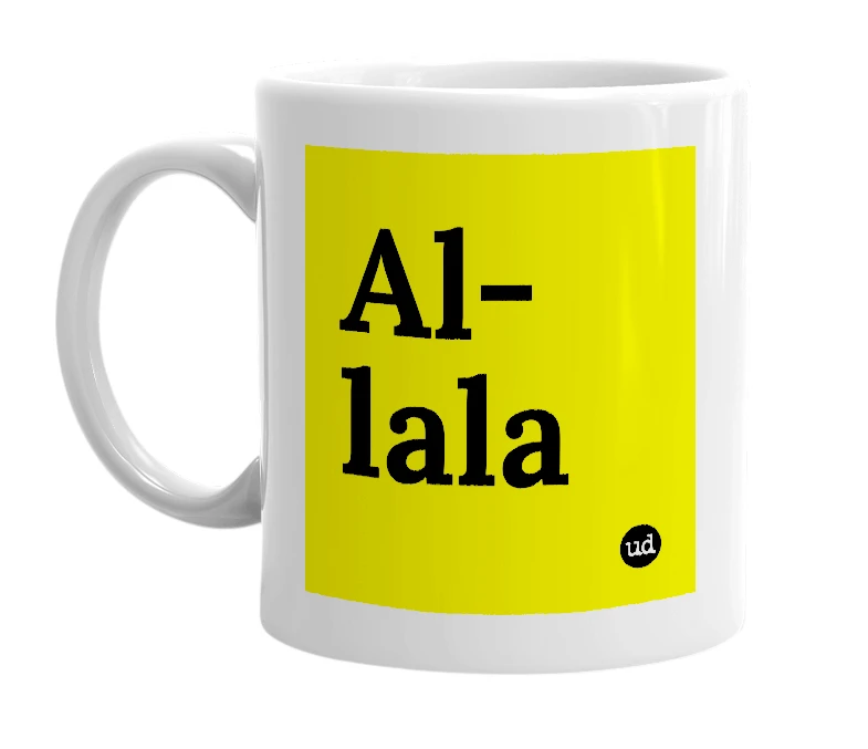 White mug with 'Al-lala' in bold black letters