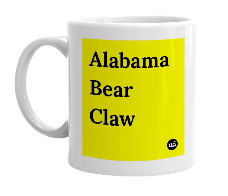 White mug with 'Alabama Bear Claw' in bold black letters