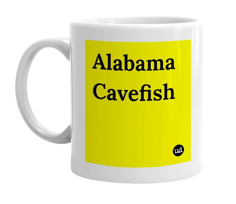 White mug with 'Alabama Cavefish' in bold black letters
