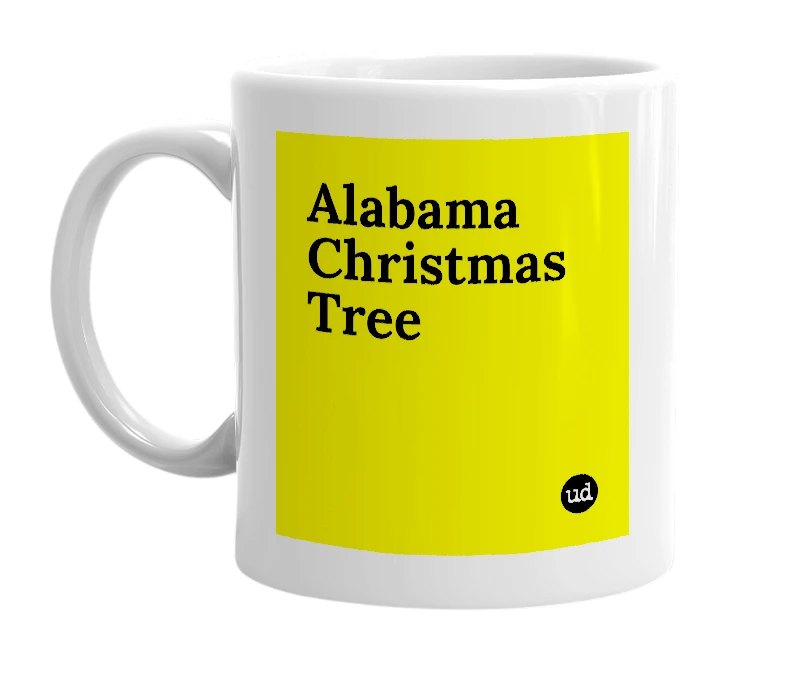 White mug with 'Alabama Christmas Tree' in bold black letters