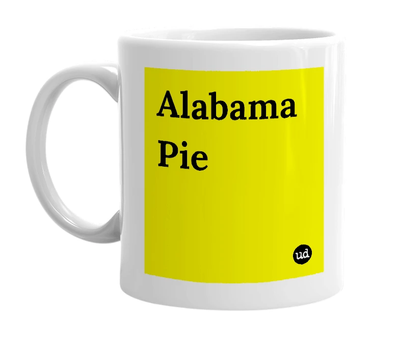 White mug with 'Alabama Pie' in bold black letters