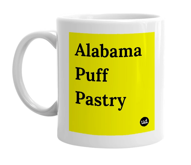 White mug with 'Alabama Puff Pastry' in bold black letters