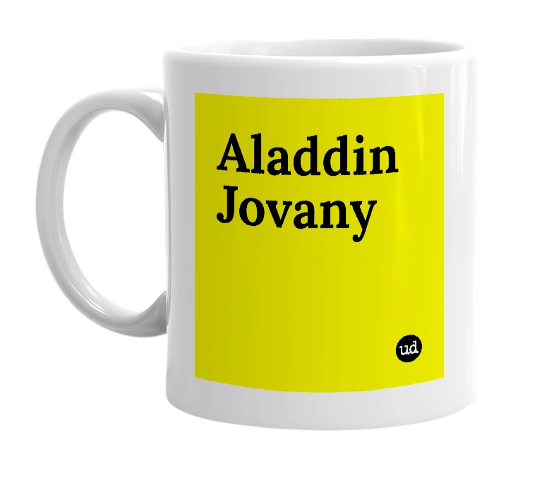 White mug with 'Aladdin Jovany' in bold black letters