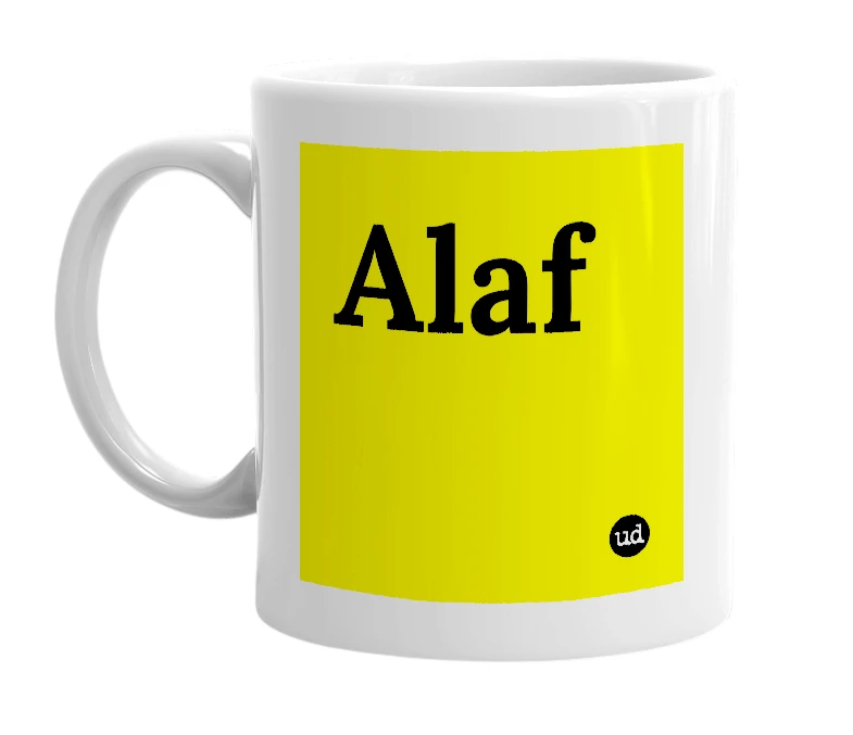 White mug with 'Alaf' in bold black letters