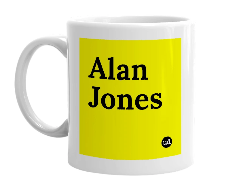 White mug with 'Alan Jones' in bold black letters