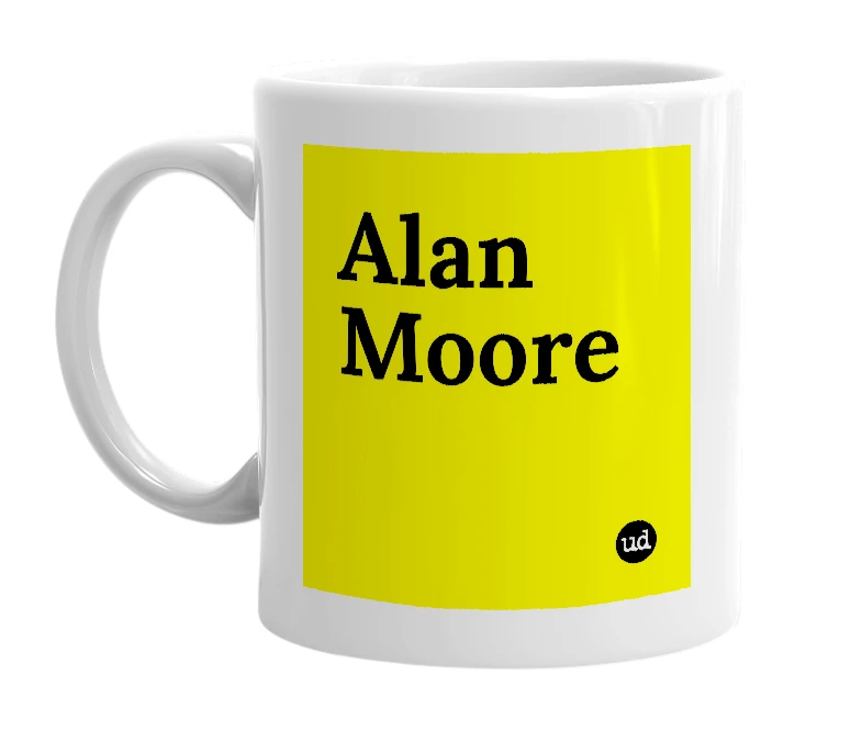 White mug with 'Alan Moore' in bold black letters