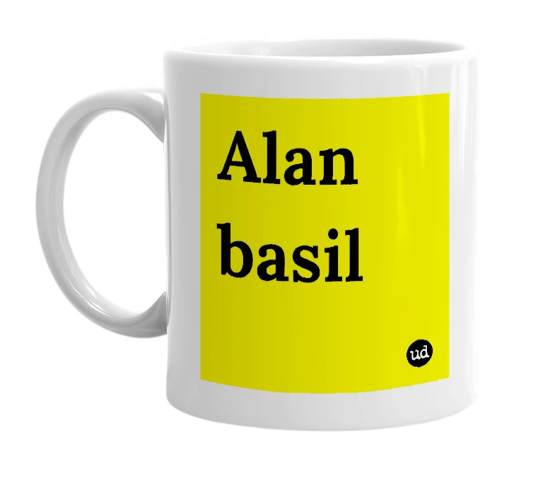 White mug with 'Alan basil' in bold black letters