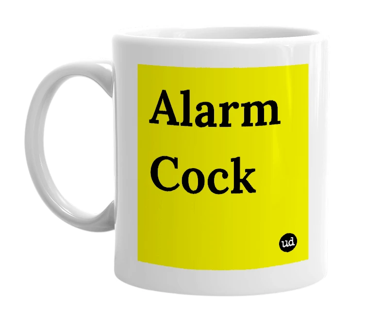 White mug with 'Alarm Cock' in bold black letters