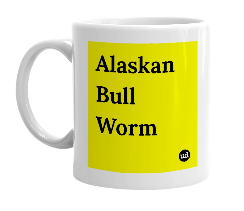 White mug with 'Alaskan Bull Worm' in bold black letters