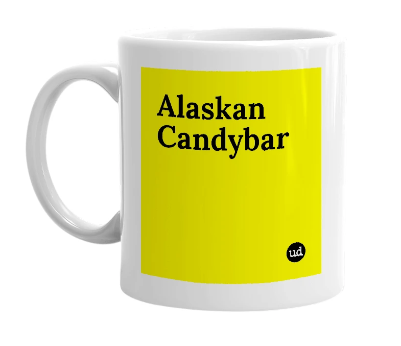 White mug with 'Alaskan Candybar' in bold black letters