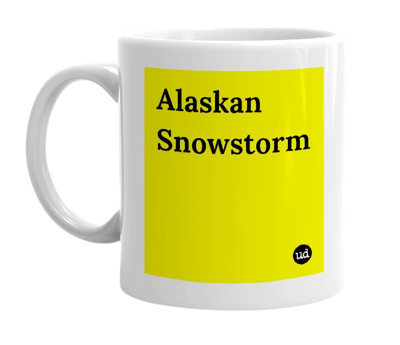White mug with 'Alaskan Snowstorm' in bold black letters