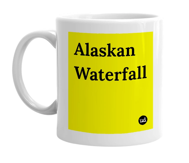 White mug with 'Alaskan Waterfall' in bold black letters