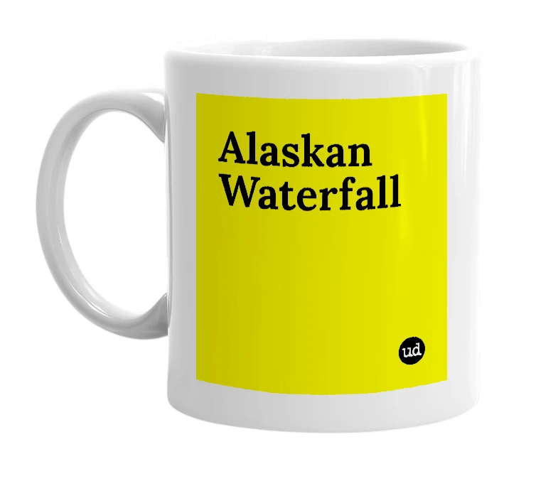 White mug with 'Alaskan Waterfall' in bold black letters