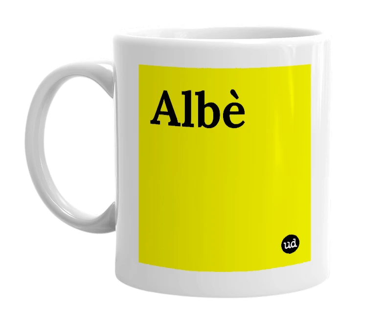 White mug with 'Albè' in bold black letters