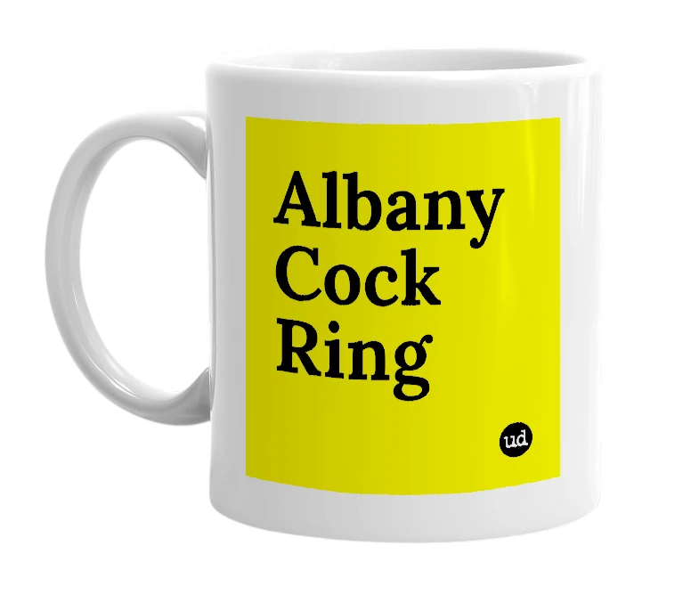 White mug with 'Albany Cock Ring' in bold black letters