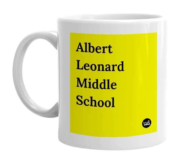 White mug with 'Albert Leonard Middle School' in bold black letters