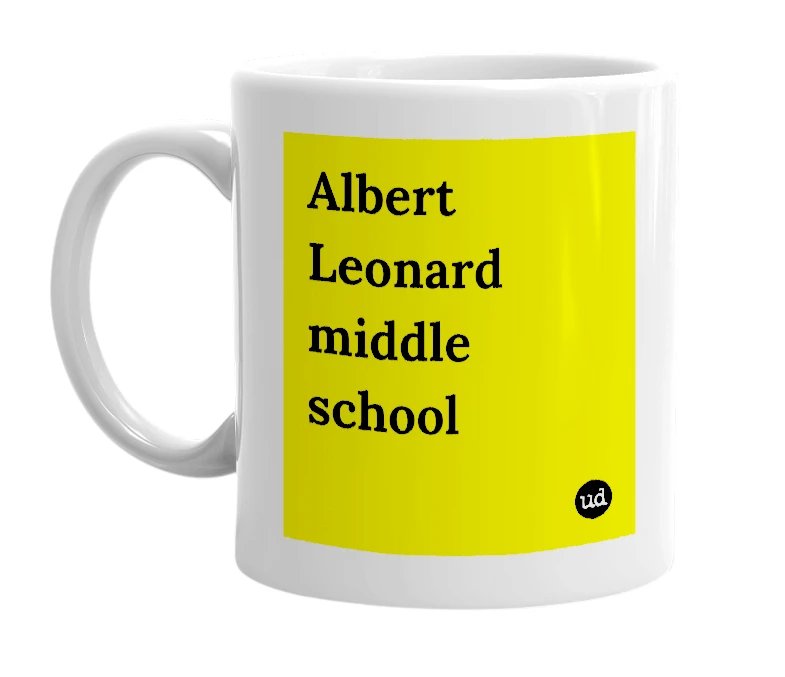 White mug with 'Albert Leonard middle school' in bold black letters