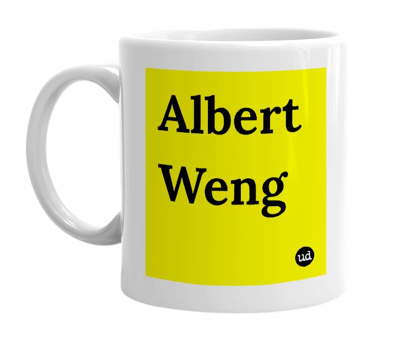 White mug with 'Albert Weng' in bold black letters