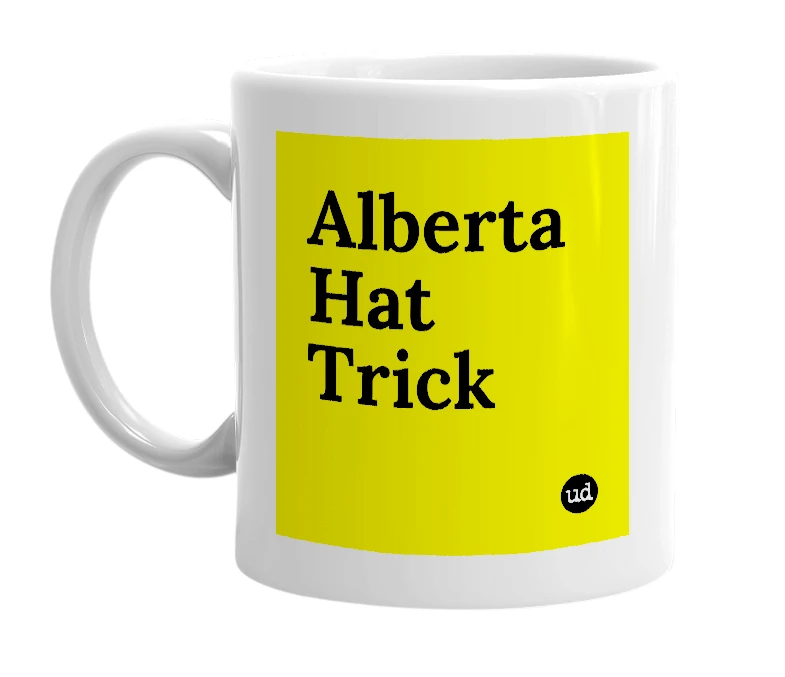 White mug with 'Alberta Hat Trick' in bold black letters