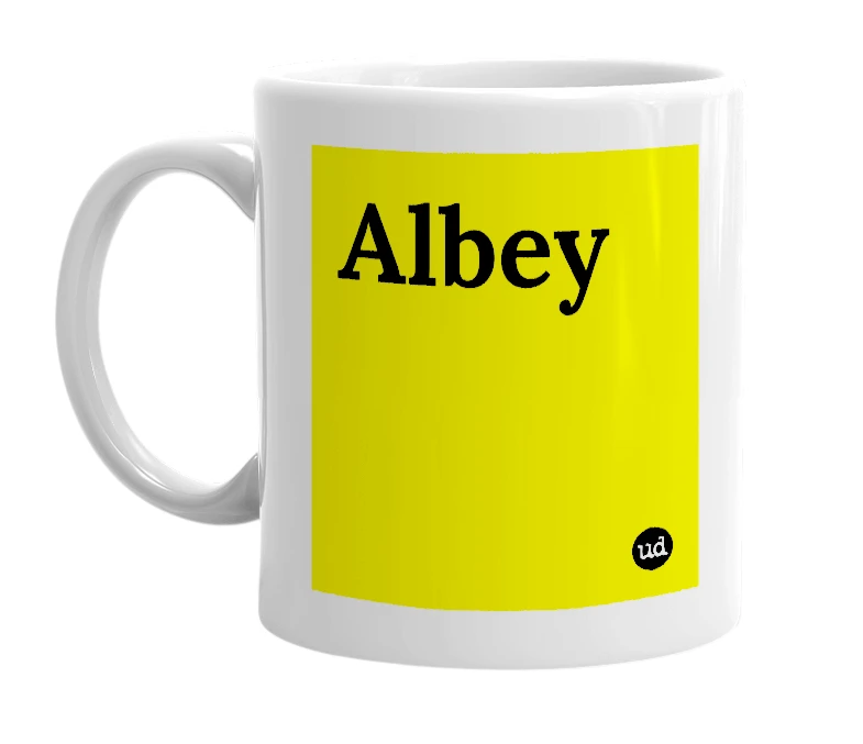 White mug with 'Albey' in bold black letters