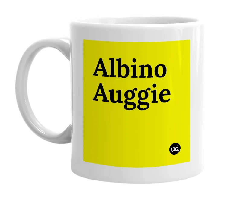 White mug with 'Albino Auggie' in bold black letters