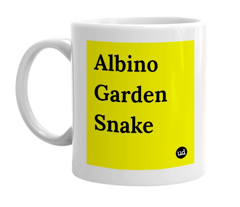 White mug with 'Albino Garden Snake' in bold black letters