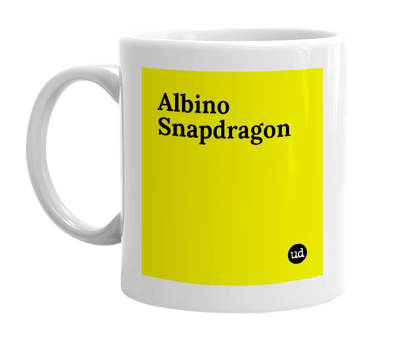 White mug with 'Albino Snapdragon' in bold black letters
