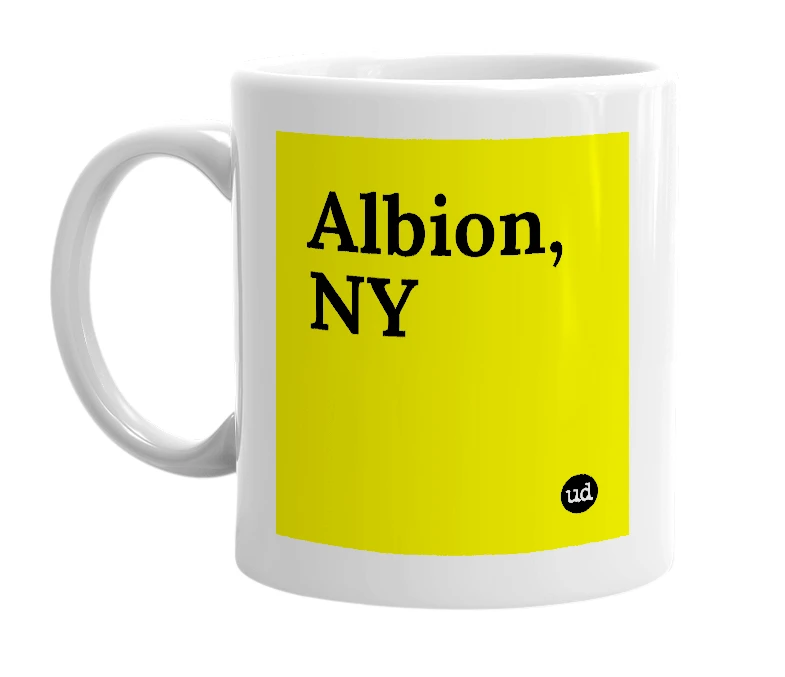 White mug with 'Albion, NY' in bold black letters