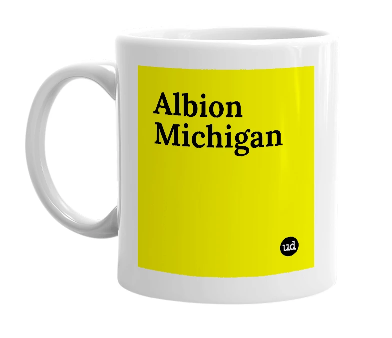 White mug with 'Albion Michigan' in bold black letters