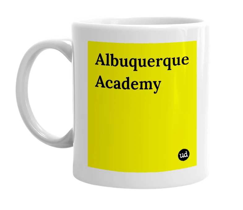 White mug with 'Albuquerque Academy' in bold black letters