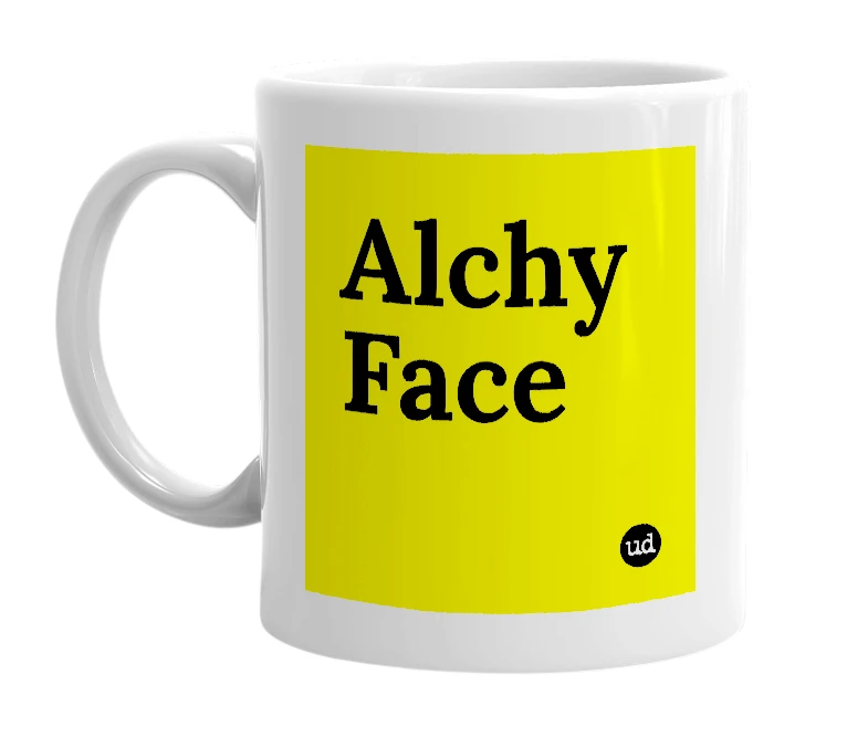 White mug with 'Alchy Face' in bold black letters